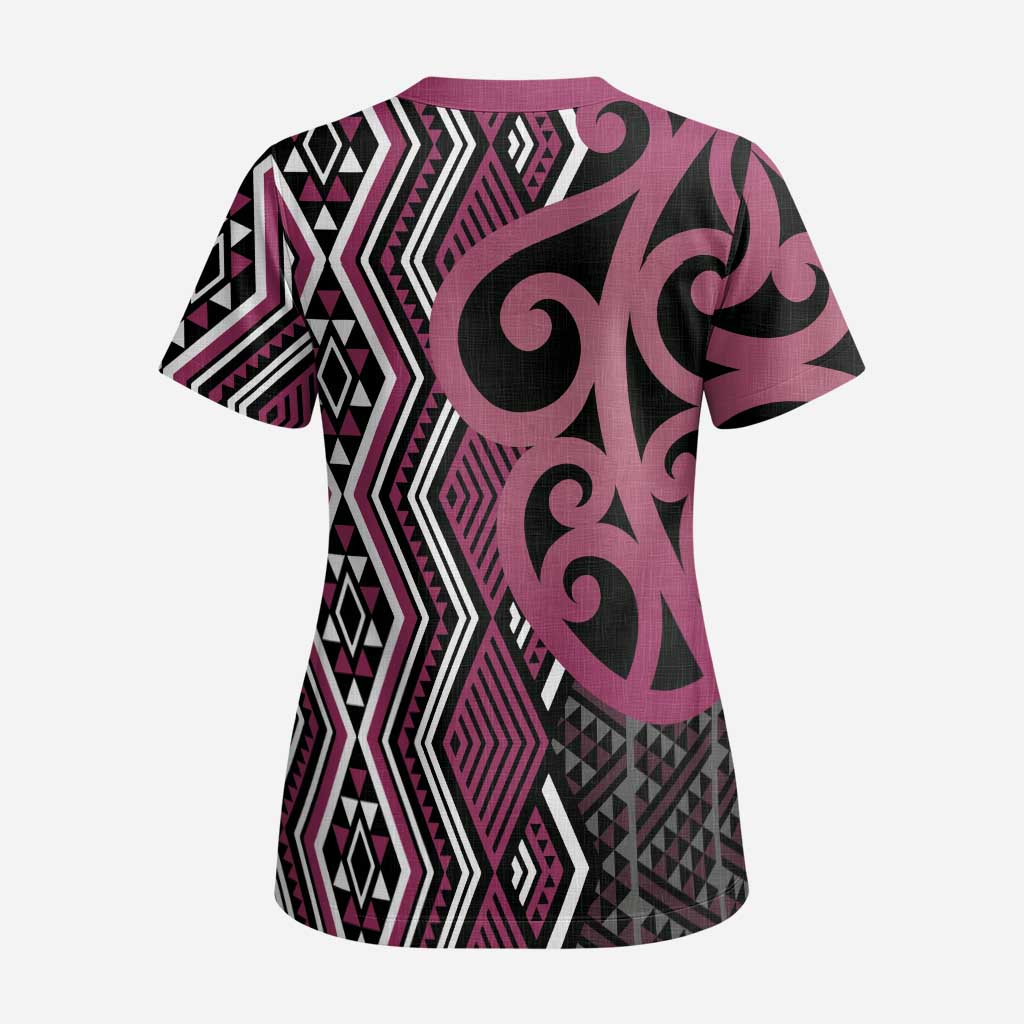 Maori Taniko Patterns Scrub Top Pink Patiki Motifs Mix Whakairo Ngaru LT7 - Polynesian Pride
