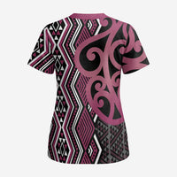 Maori Taniko Patterns Scrub Top Pink Patiki Motifs Mix Whakairo Ngaru LT7 - Polynesian Pride