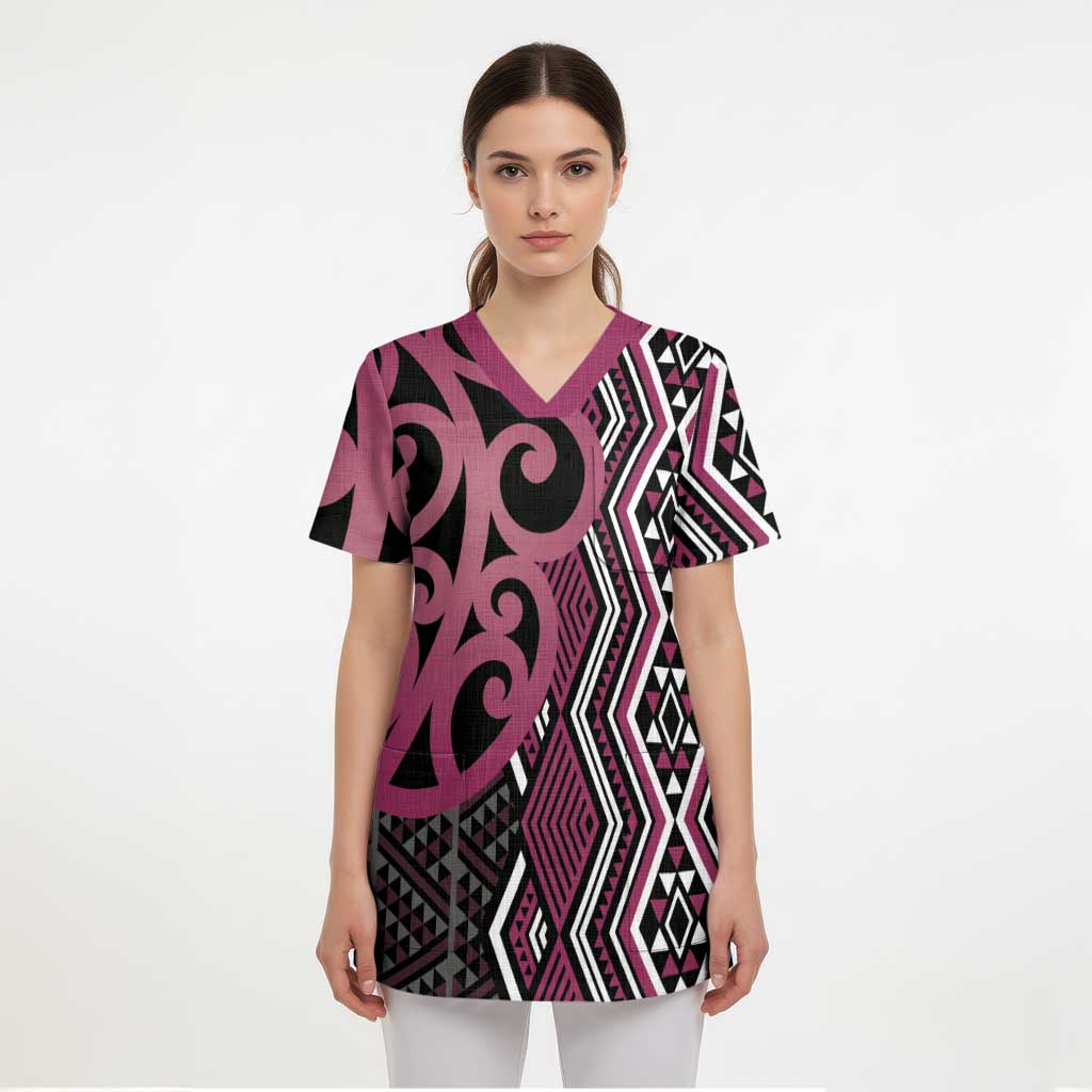 Maori Taniko Patterns Scrub Top Pink Patiki Motifs Mix Whakairo Ngaru LT7 - Polynesian Pride