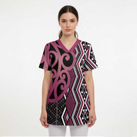 Maori Taniko Patterns Scrub Top Pink Patiki Motifs Mix Whakairo Ngaru LT7 - Polynesian Pride