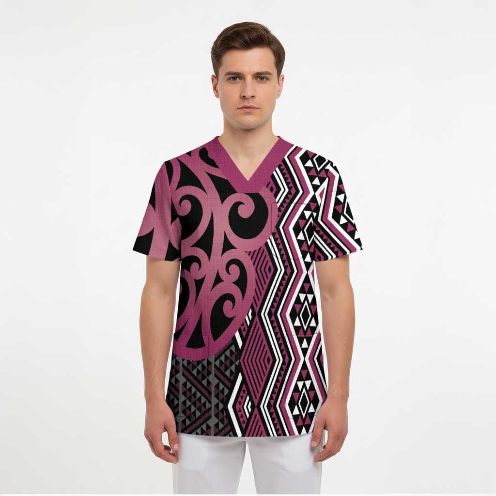 Maori Taniko Patterns Scrub Top Pink Patiki Motifs Mix Whakairo Ngaru LT7 - Polynesian Pride