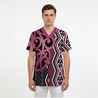 Maori Taniko Patterns Scrub Top Pink Patiki Motifs Mix Whakairo Ngaru LT7 - Polynesian Pride