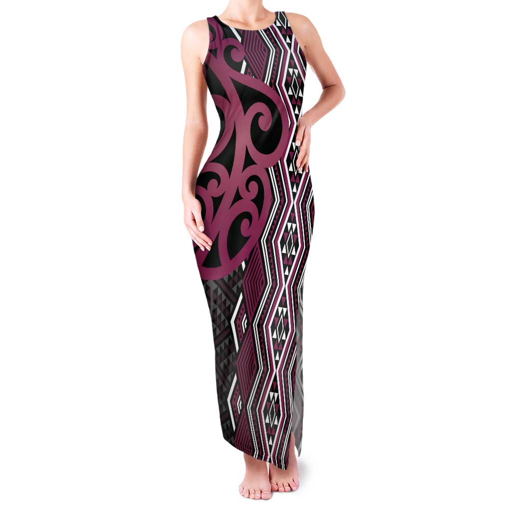 Maori Taniko Patterns Tank Maxi Dress Pink Patiki Motifs Mix Whakairo Ngaru LT7 Women Pink - Polynesian Pride