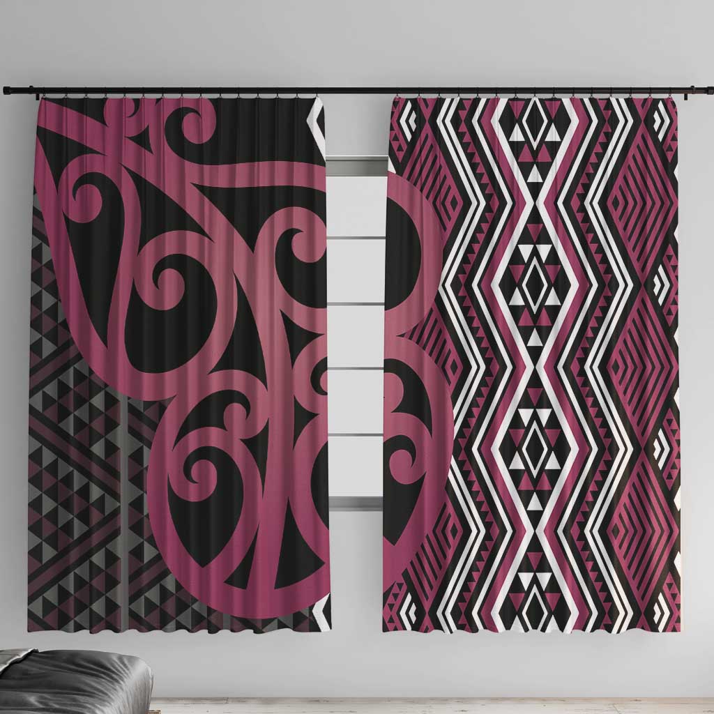 Maori Taniko Patterns Window Curtain Pink Patiki Motifs Mix Whakairo Ngaru LT7 With Hooks Pink - Polynesian Pride