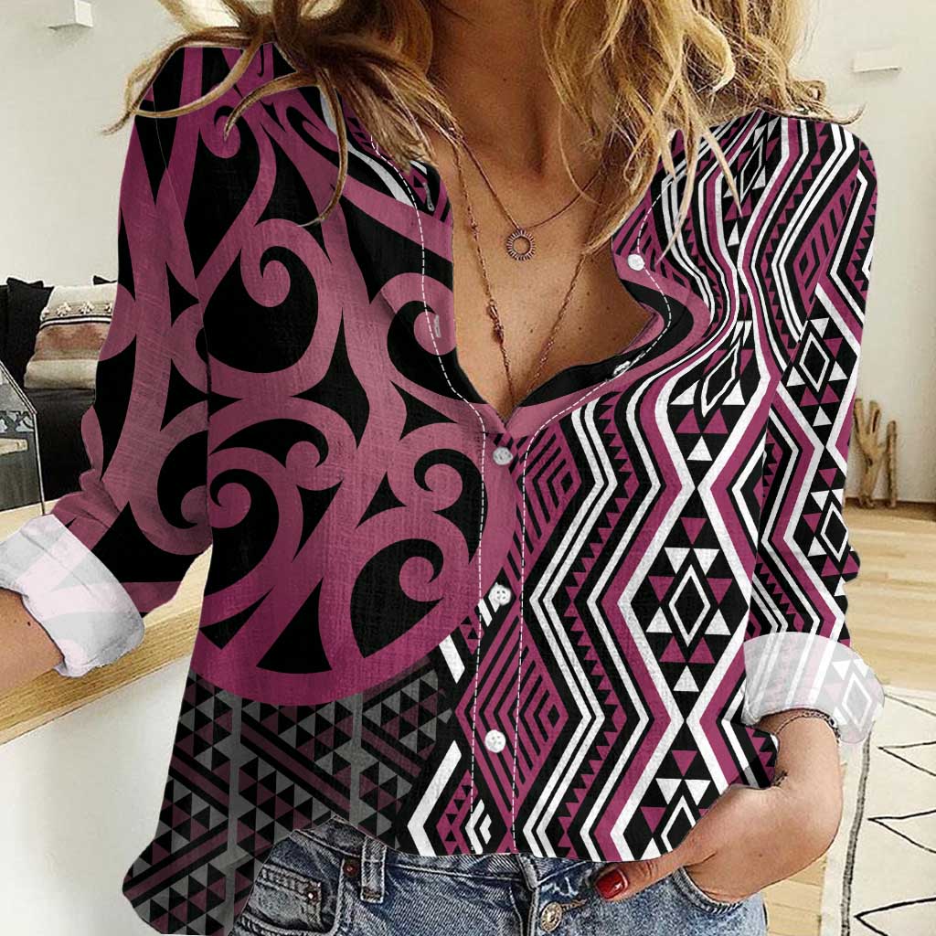 Maori Taniko Patterns Women Casual Shirt Pink Patiki Motifs Mix Whakairo Ngaru