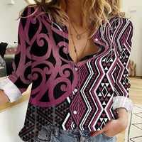 Maori Taniko Patterns Women Casual Shirt Pink Patiki Motifs Mix Whakairo Ngaru