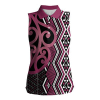 Maori Taniko Patterns Women Sleeveless Polo Shirt Pink Patiki Motifs Mix Whakairo Ngaru