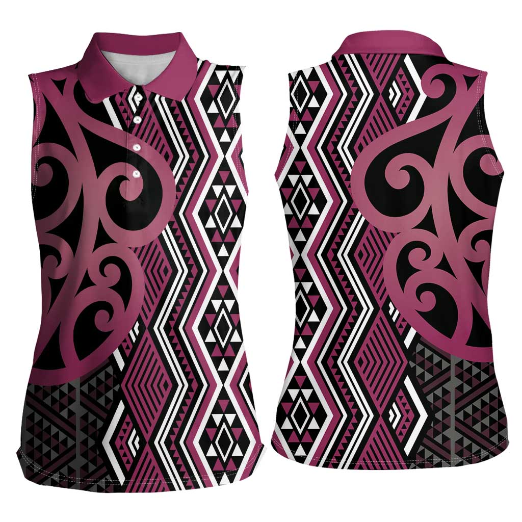 Maori Taniko Patterns Women Sleeveless Polo Shirt Pink Patiki Motifs Mix Whakairo Ngaru