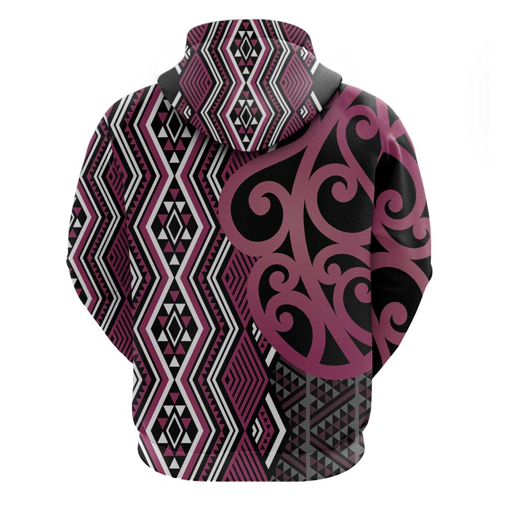 Maori Taniko Patterns Zip Hoodie Pink Patiki Motifs Mix Whakairo Ngaru