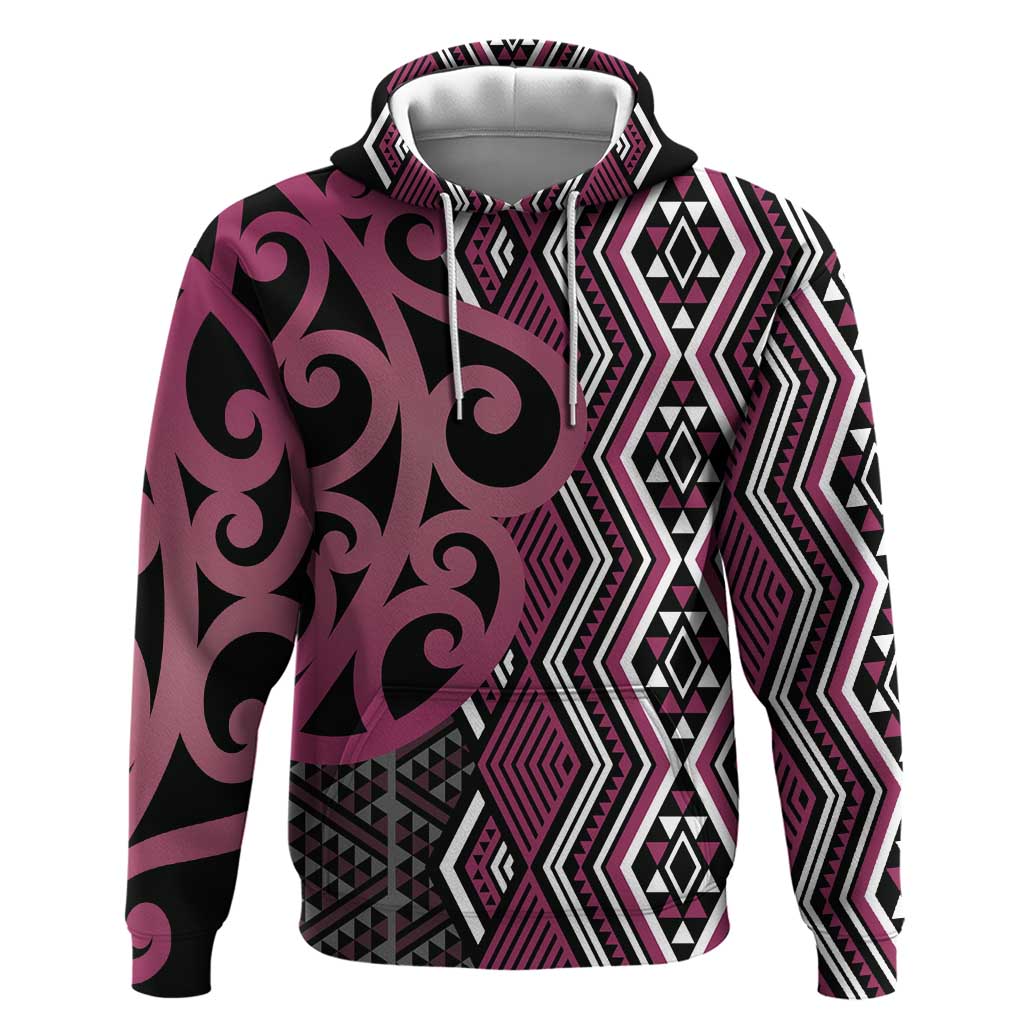 Maori Taniko Patterns Zip Hoodie Pink Patiki Motifs Mix Whakairo Ngaru