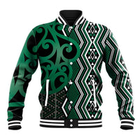 Maori Taniko Patterns Baseball Jacket Pounamu Patiki Motifs Mix Whakairo Ngaru LT7 Unisex Green - Polynesian Pride