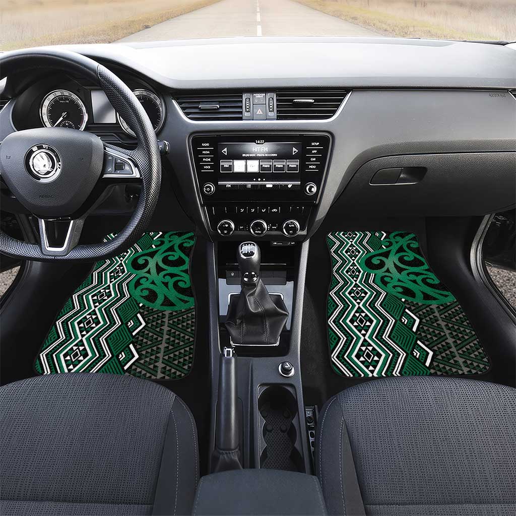 Maori Taniko Patterns Car Mats Pounamu Patiki Motifs Mix Whakairo Ngaru LT7 Set 2pcs - Front Green - Polynesian Pride
