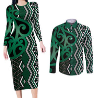Maori Taniko Patterns Couples Matching Long Sleeve Bodycon Dress and Long Sleeve Button Shirt Pounamu Patiki Motifs Mix Whakairo Ngaru