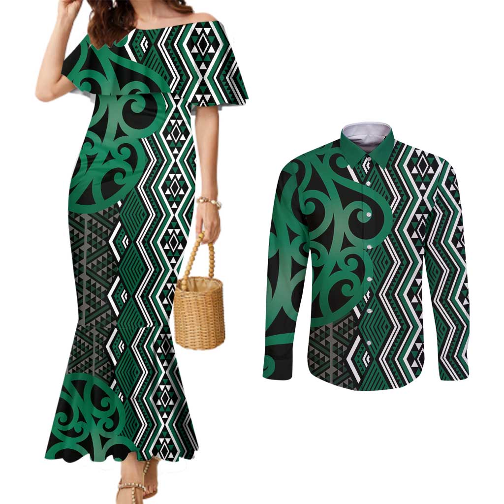 Maori Taniko Patterns Couples Matching Mermaid Dress and Long Sleeve Button Shirt Pounamu Patiki Motifs Mix Whakairo Ngaru