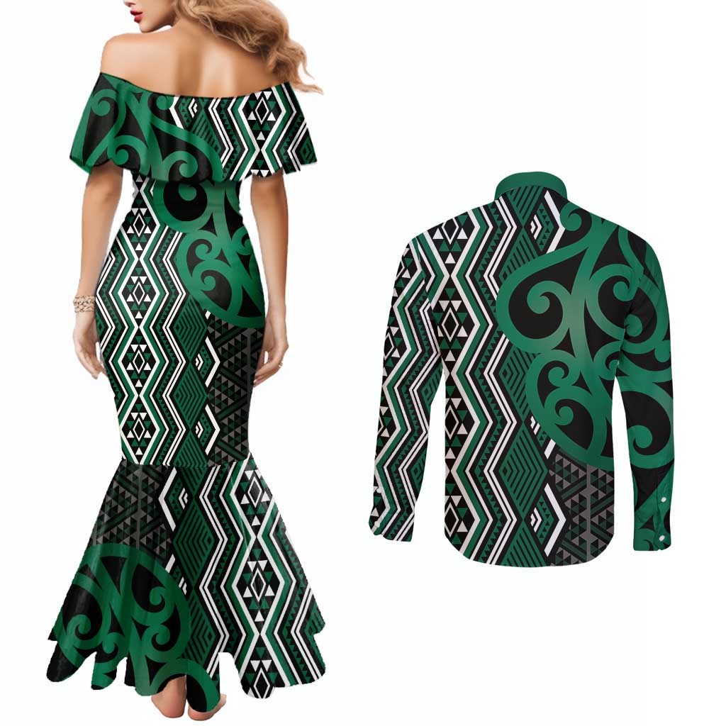 Maori Taniko Patterns Couples Matching Mermaid Dress and Long Sleeve Button Shirt Pounamu Patiki Motifs Mix Whakairo Ngaru