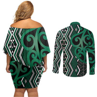 Maori Taniko Patterns Couples Matching Off Shoulder Short Dress and Long Sleeve Button Shirt Pounamu Patiki Motifs Mix Whakairo Ngaru