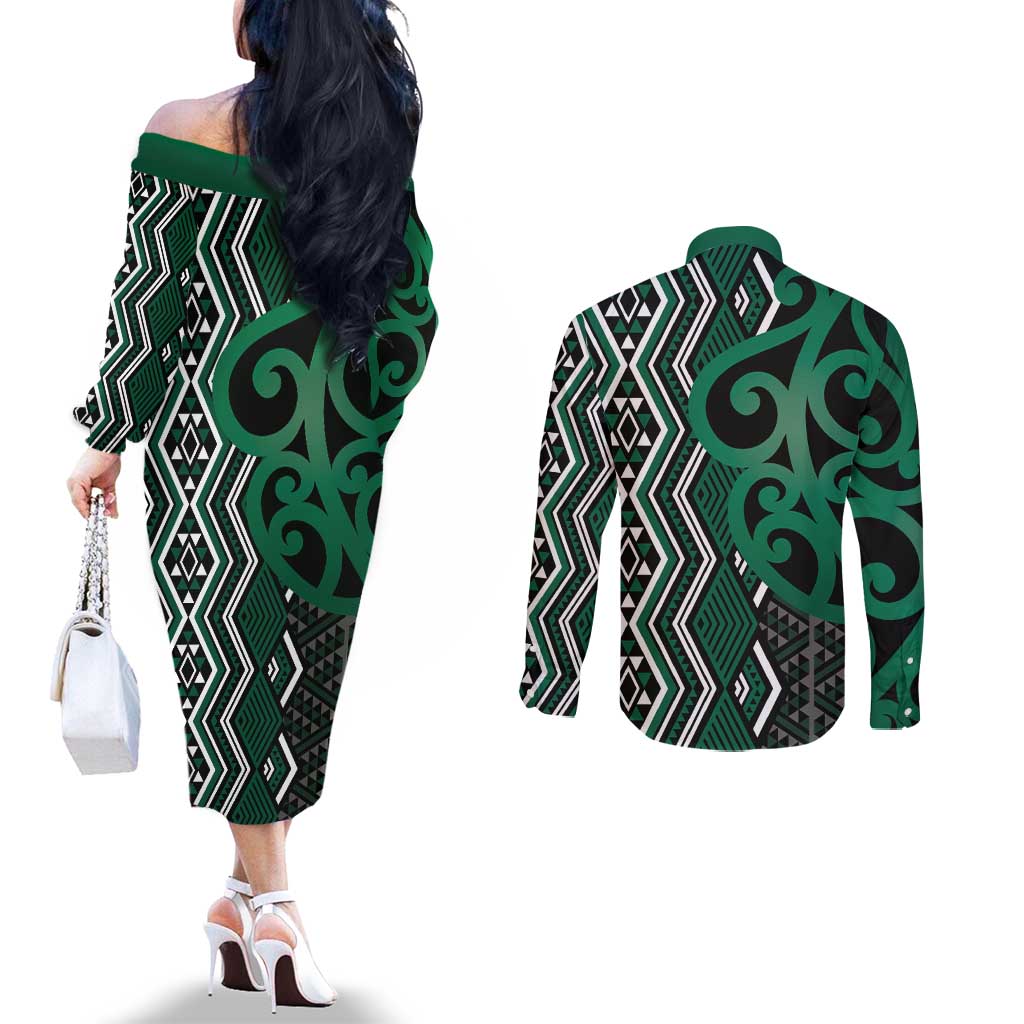 Maori Taniko Patterns Couples Matching Off The Shoulder Long Sleeve Dress and Long Sleeve Button Shirt Pounamu Patiki Motifs Mix Whakairo Ngaru