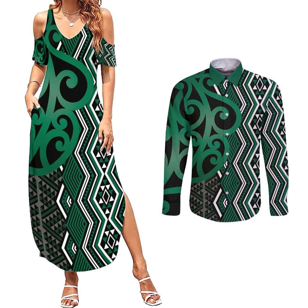 Maori Taniko Patterns Couples Matching Summer Maxi Dress and Long Sleeve Button Shirt Pounamu Patiki Motifs Mix Whakairo Ngaru