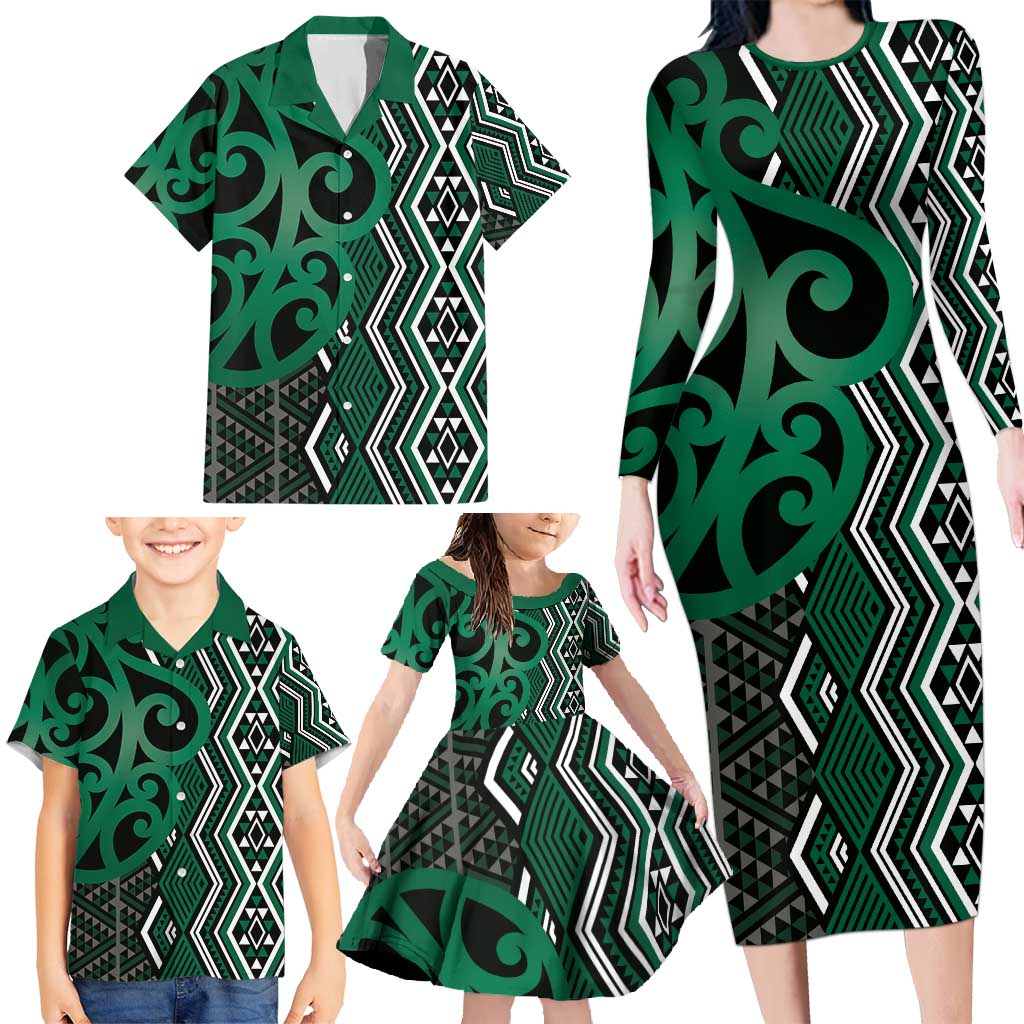 Maori Taniko Patterns Family Matching Long Sleeve Bodycon Dress and Hawaiian Shirt Pounamu Patiki Motifs Mix Whakairo Ngaru