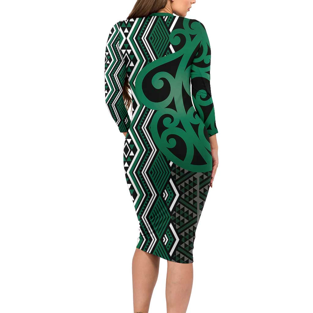 Maori Taniko Patterns Family Matching Long Sleeve Bodycon Dress and Hawaiian Shirt Pounamu Patiki Motifs Mix Whakairo Ngaru