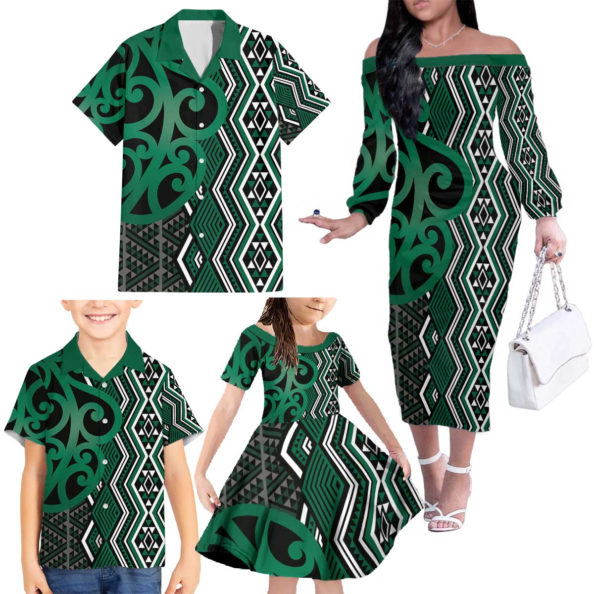 Maori Taniko Patterns Family Matching Off The Shoulder Long Sleeve Dress and Hawaiian Shirt Pounamu Patiki Motifs Mix Whakairo Ngaru