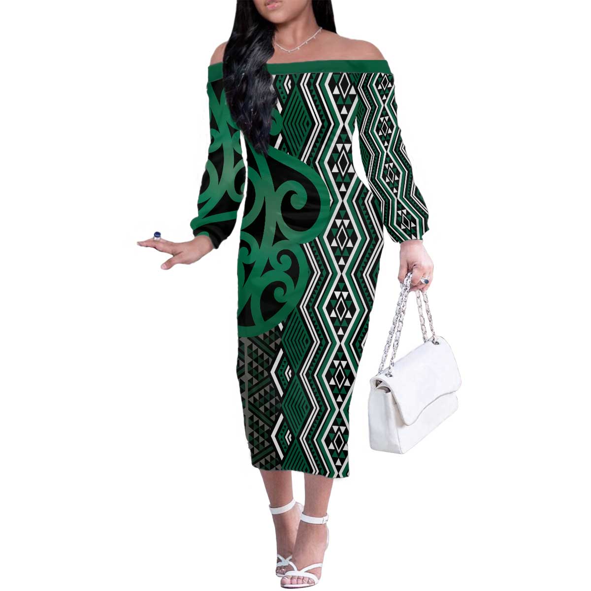 Maori Taniko Patterns Family Matching Off The Shoulder Long Sleeve Dress and Hawaiian Shirt Pounamu Patiki Motifs Mix Whakairo Ngaru