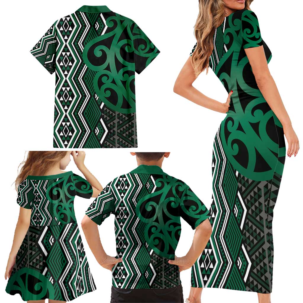 Maori Taniko Patterns Family Matching Short Sleeve Bodycon Dress and Hawaiian Shirt Pounamu Patiki Motifs Mix Whakairo Ngaru