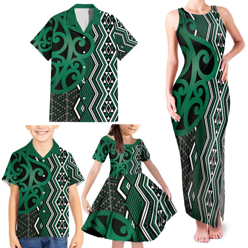 Maori Taniko Patterns Family Matching Tank Maxi Dress and Hawaiian Shirt Pounamu Patiki Motifs Mix Whakairo Ngaru