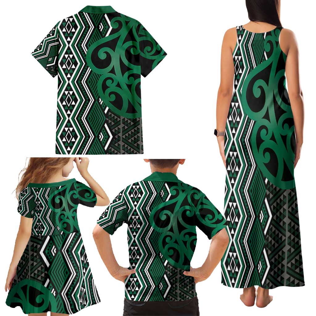 Maori Taniko Patterns Family Matching Tank Maxi Dress and Hawaiian Shirt Pounamu Patiki Motifs Mix Whakairo Ngaru