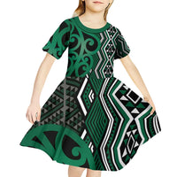 Maori Taniko Patterns Kid Short Sleeve Dress Pounamu Patiki Motifs Mix Whakairo Ngaru
