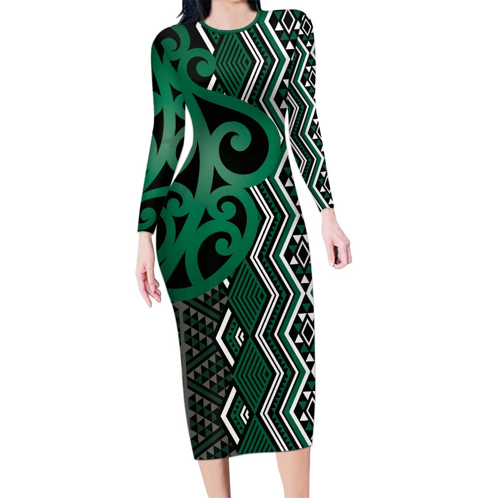 Maori Taniko Patterns Long Sleeve Bodycon Dress Pounamu Patiki Motifs Mix Whakairo Ngaru