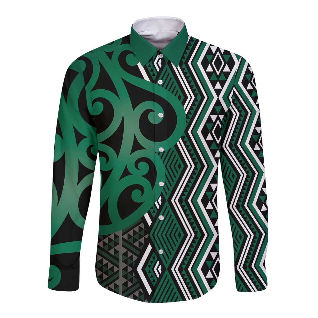 Maori Taniko Patterns Long Sleeve Button Shirt Pounamu Patiki Motifs Mix Whakairo Ngaru LT7 Unisex Green - Polynesian Pride
