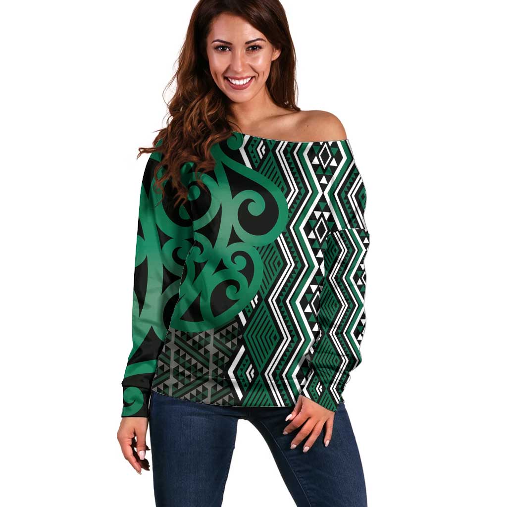 Maori Taniko Patterns Off Shoulder Sweater Pounamu Patiki Motifs Mix Whakairo Ngaru