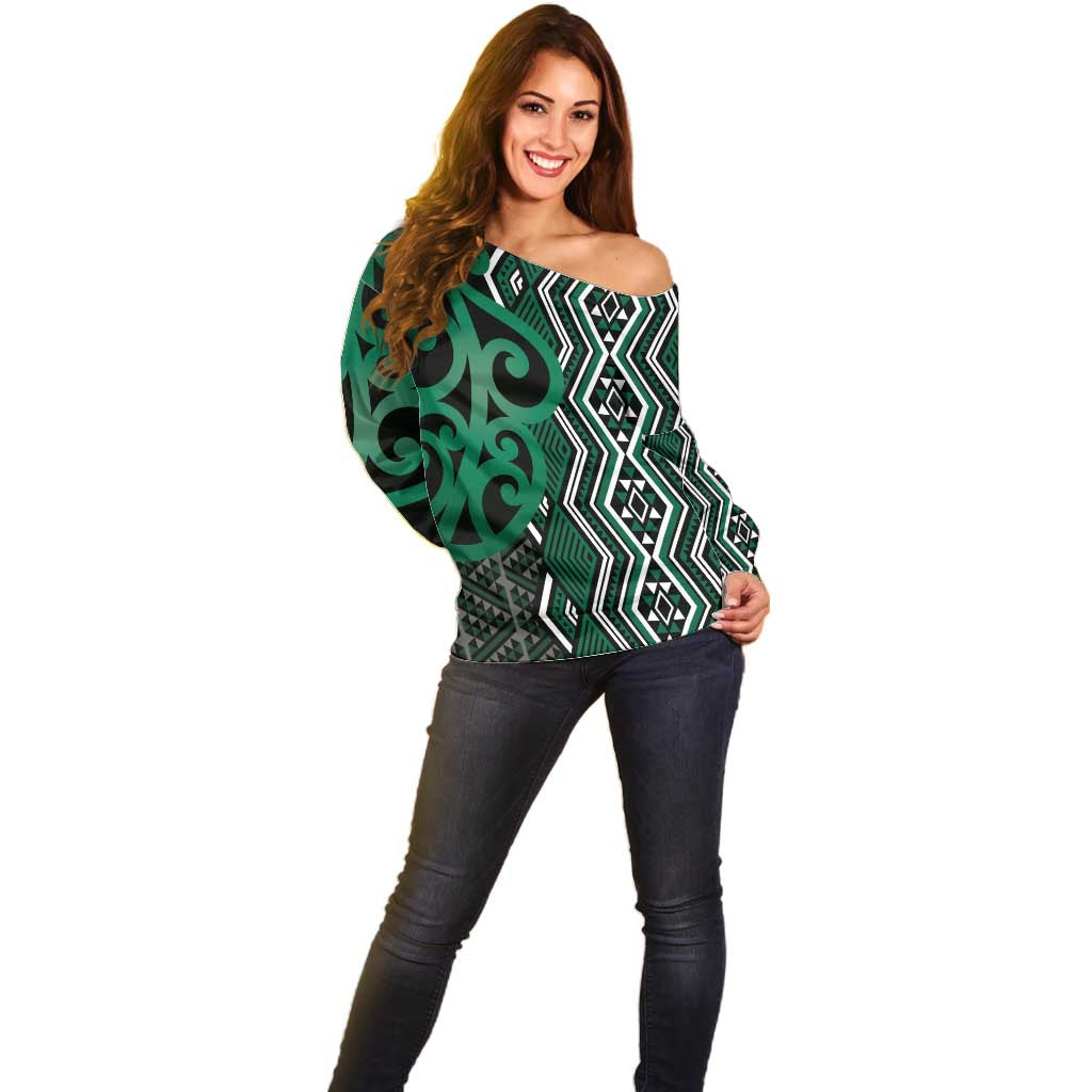 Maori Taniko Patterns Off Shoulder Sweater Pounamu Patiki Motifs Mix Whakairo Ngaru