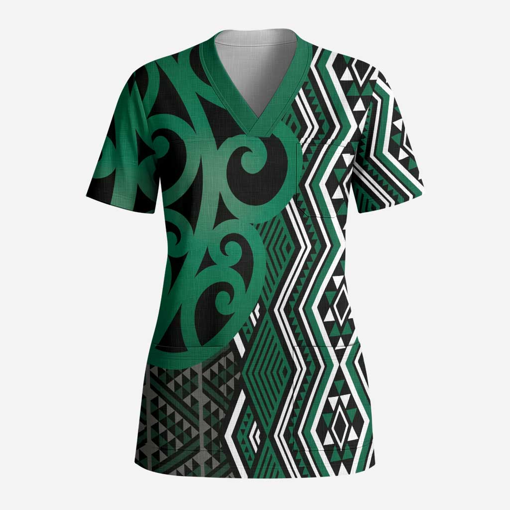 Maori Taniko Patterns Scrub Top Pounamu Patiki Motifs Mix Whakairo Ngaru LT7 Adult Green - Polynesian Pride