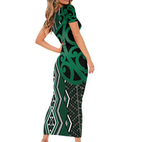 Maori Taniko Patterns Short Sleeve Bodycon Dress Pounamu Patiki Motifs Mix Whakairo Ngaru