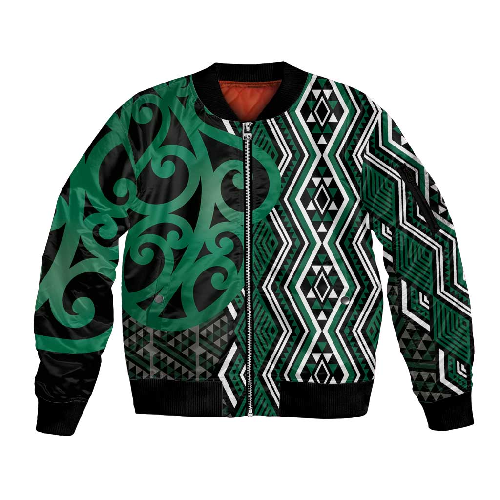 Maori Taniko Patterns Sleeve Zip Bomber Jacket Pounamu Patiki Motifs Mix Whakairo Ngaru