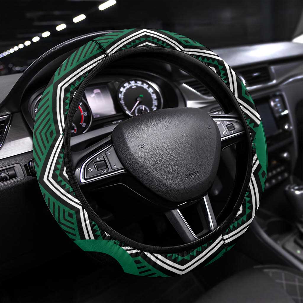 Maori Taniko Patterns Steering Wheel Cover Pounamu Patiki Motifs Mix Whakairo Ngaru LT7 Universal Fit Green - Polynesian Pride