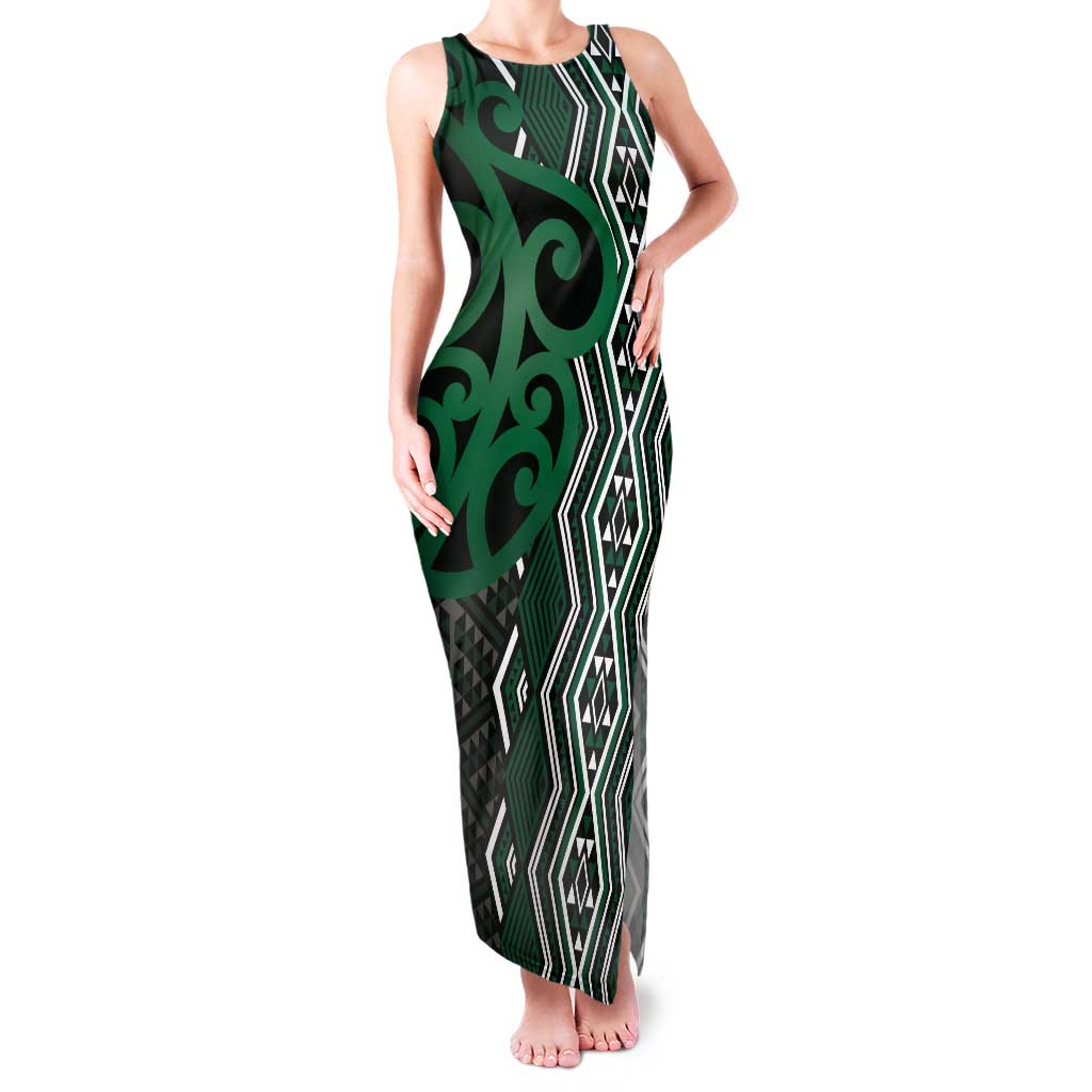 Maori Taniko Patterns Tank Maxi Dress Pounamu Patiki Motifs Mix Whakairo Ngaru LT7 Women Green - Polynesian Pride