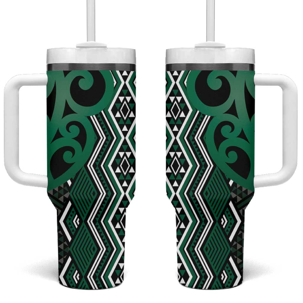 Maori Taniko Patterns Tumbler With Handle Pounamu Patiki Motifs Mix Whakairo Ngaru LT7 One Size: 40 oz Green - Polynesian Pride