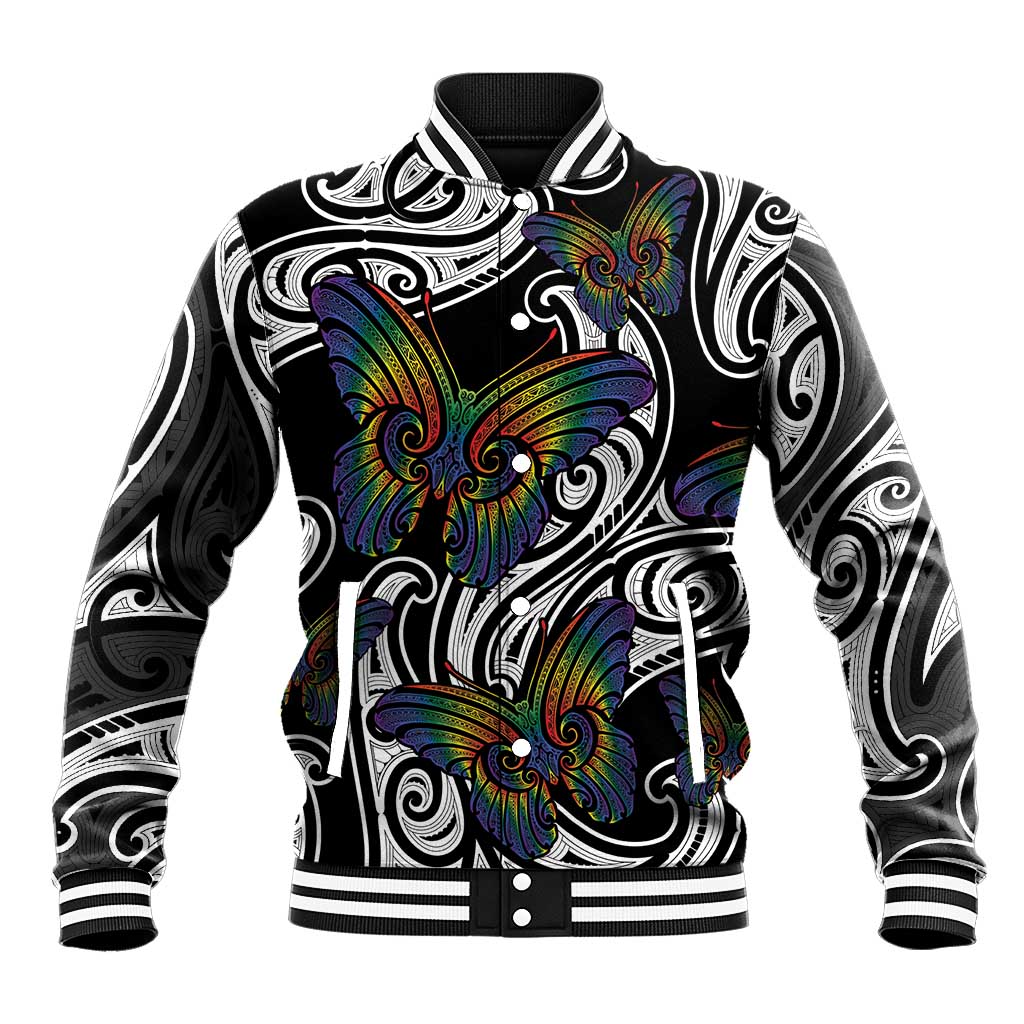 Aotearoa Takatapui Pride Baseball Jacket Rainbow Butterfly - Free To Love LT7 Unisex Black - Polynesian Pride