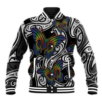 Aotearoa Takatapui Pride Baseball Jacket Rainbow Butterfly - Free To Love LT7 Unisex Black - Polynesian Pride