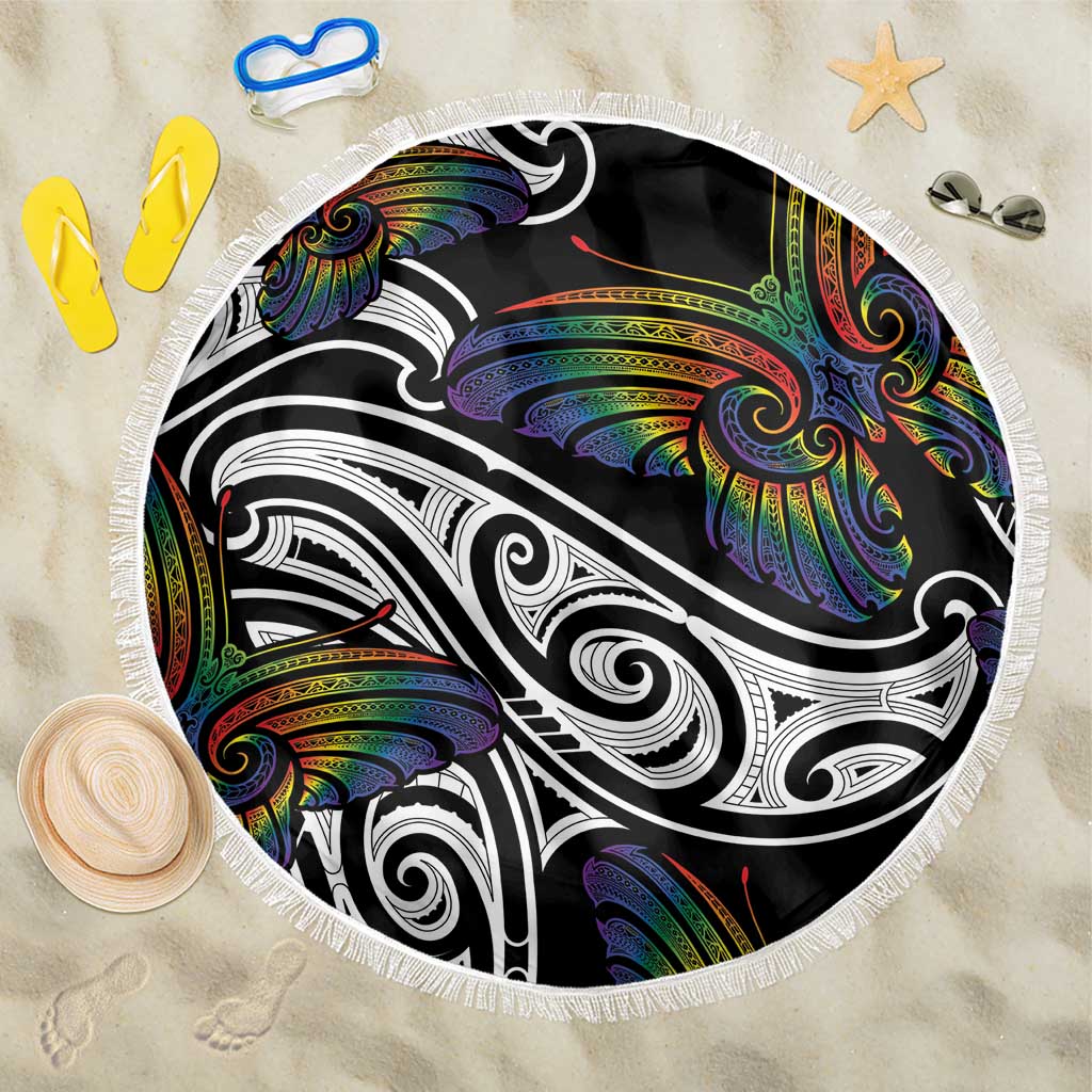 Aotearoa Takatapui Pride Beach Blanket Rainbow Butterfly - Free To Love LT7 One Size 150cm Black - Polynesian Pride
