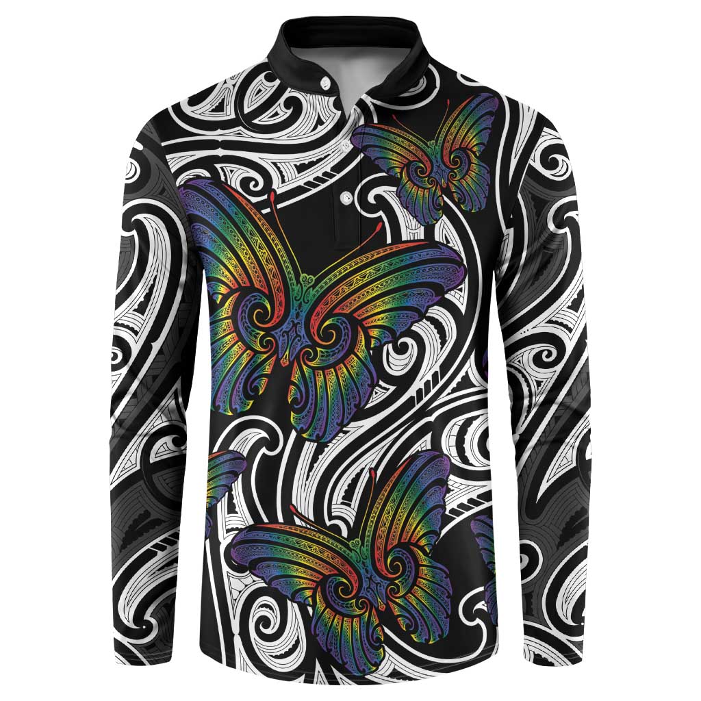 Aotearoa Takatapui Pride Button Sweatshirt Rainbow Butterfly - Free To Love LT7 Black - Polynesian Pride