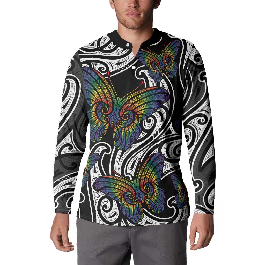 Aotearoa Takatapui Pride Button Sweatshirt Rainbow Butterfly - Free To Love LT7 - Polynesian Pride