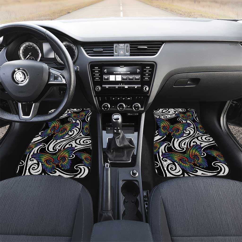 Aotearoa Takatapui Pride Car Mats Rainbow Butterfly - Free To Love LT7 Set 2pcs - Front Black - Polynesian Pride