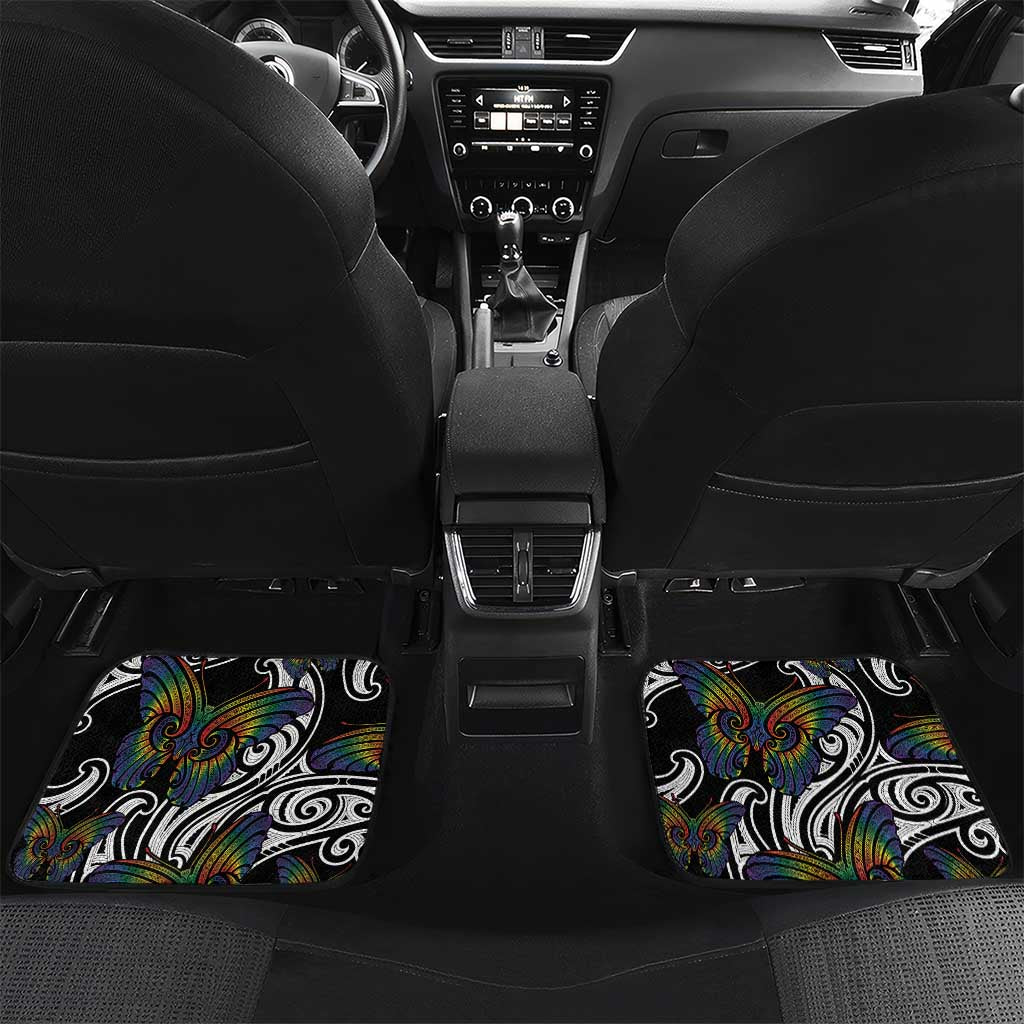 Aotearoa Takatapui Pride Car Mats Rainbow Butterfly - Free To Love LT7 Set 2pcs - Back Black - Polynesian Pride