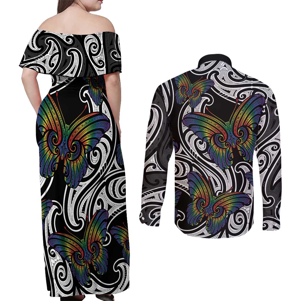 Aotearoa Takatapui Pride Couples Matching Off Shoulder Maxi Dress and Long Sleeve Button Shirt Rainbow Butterfly - Free To Love