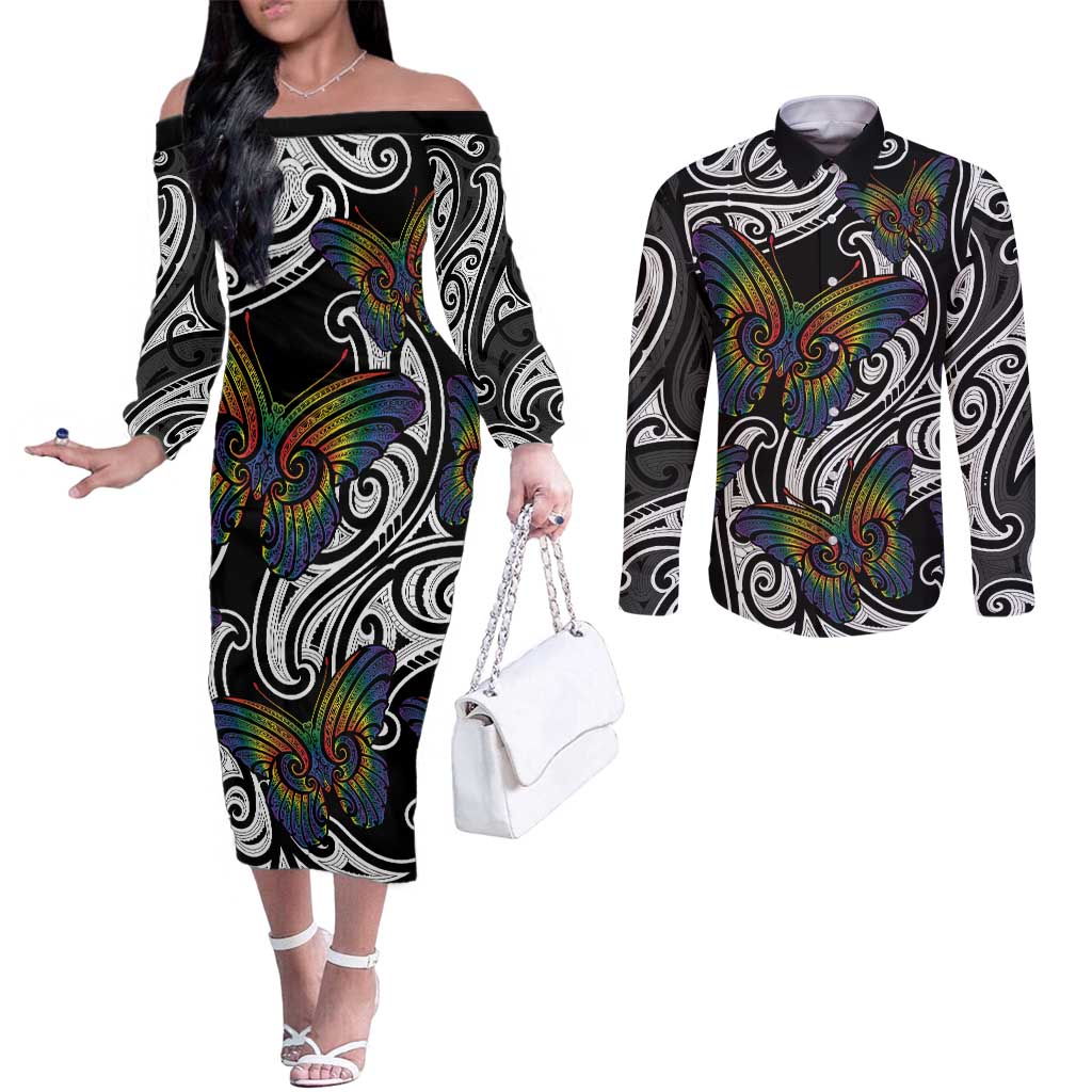 Aotearoa Takatapui Pride Couples Matching Off The Shoulder Long Sleeve Dress and Long Sleeve Button Shirt Rainbow Butterfly - Free To Love