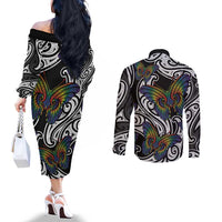 Aotearoa Takatapui Pride Couples Matching Off The Shoulder Long Sleeve Dress and Long Sleeve Button Shirt Rainbow Butterfly - Free To Love